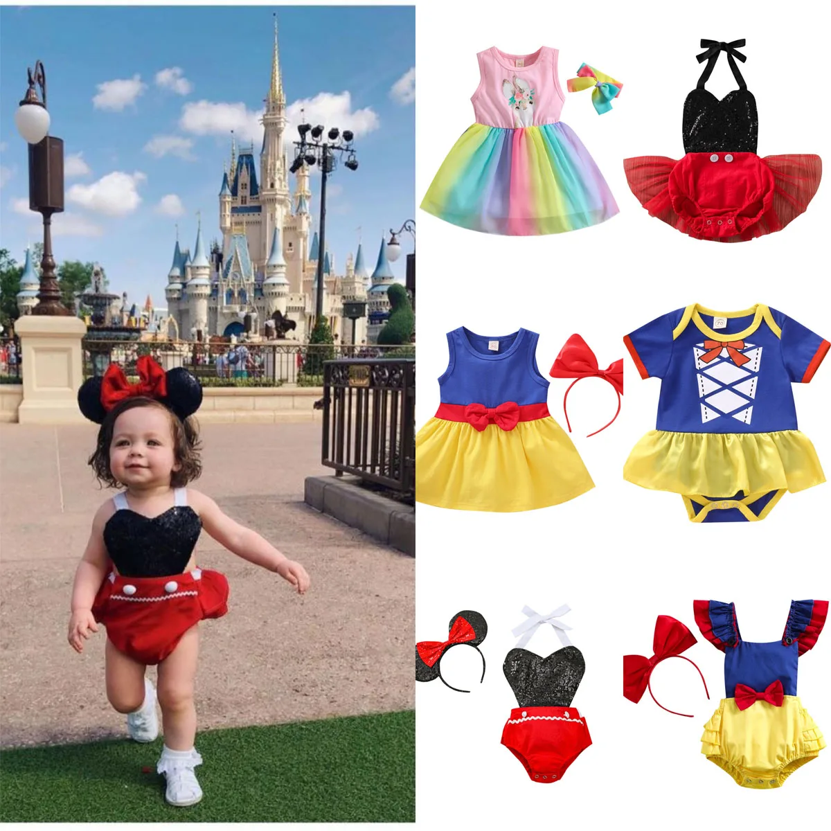 

Baby Girl Onesie 2022 INS Summer New Cute Mickey Romper Cartoon Costumes Amusement Park Photo Travel Children's Clothing