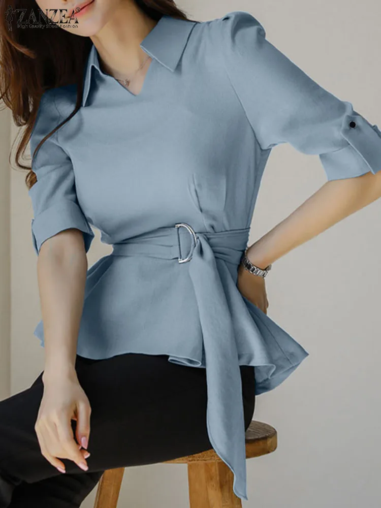 

ZANZEA Half Sleeve Peplum Tops Office Lady Belted Blouses Women Elegant Commuting Lapel Casual Solid Color Fashion Tunic Tops