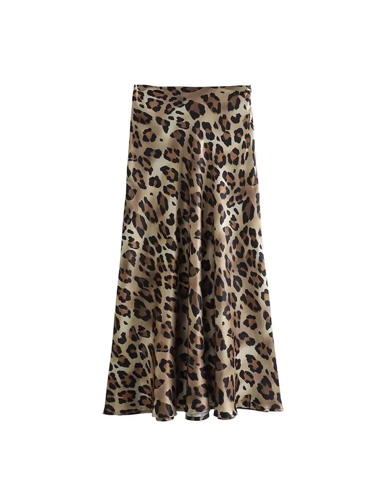 Юбка-миди Женская атласная с леопардовым принтом и высокой талией
