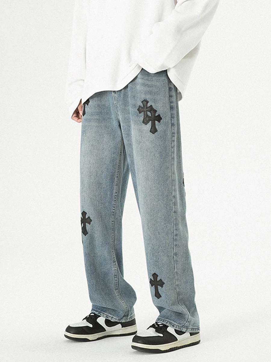Four Seasons Men Jeans Trend Hip Hop Cross High Street Embroidery Retro Wide Leg Pants Streetwear Y2K Men Jeans ins Hot Menswear