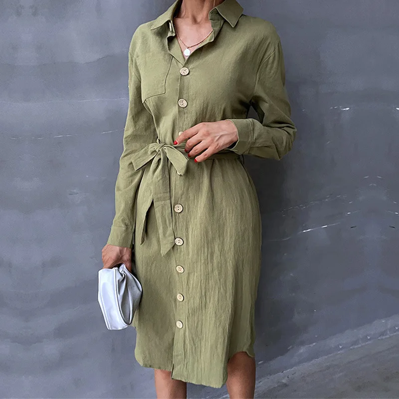 

Новинка 2023, женское однотонное осеннее платье, женское зеленое платье-рубашка с отложным воротником и длинным рукавом