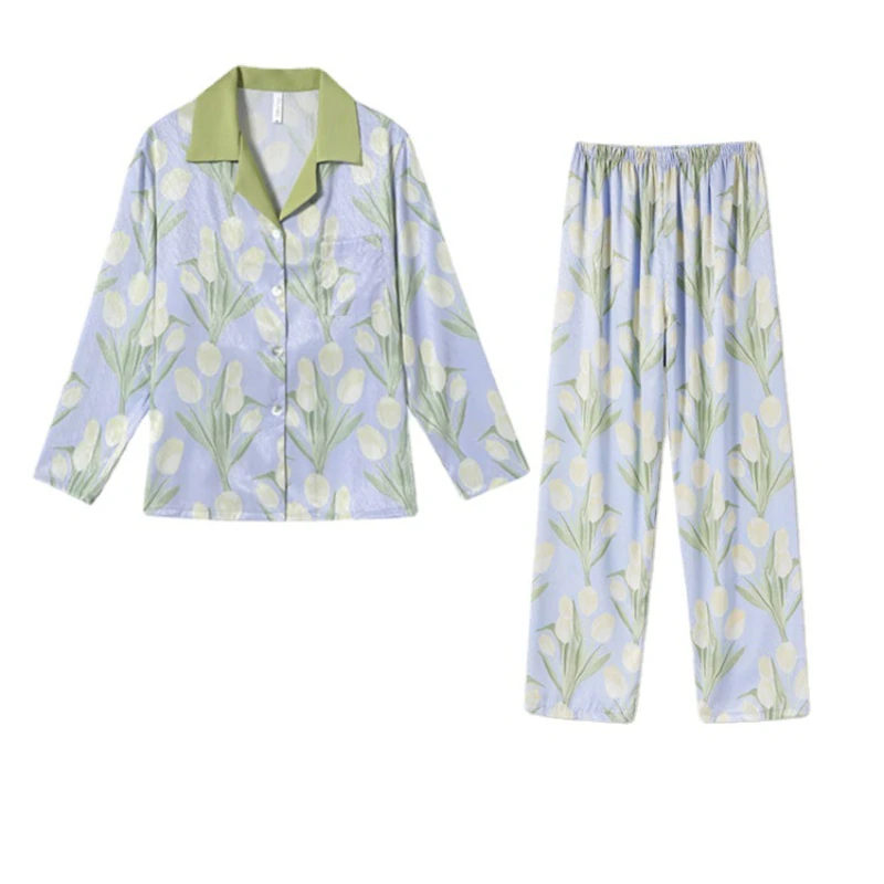 Pajamas Women New Spring and Autumn Fashion Light Luxury High-end Sense of Solid Color Ice Silk Home Service Two-piece Sleepwear