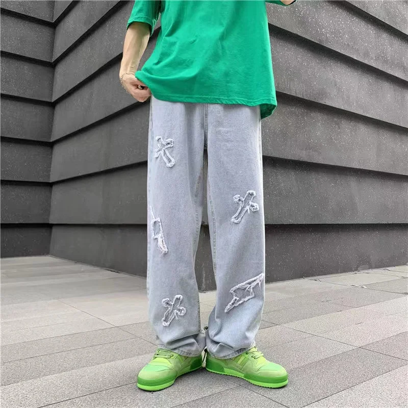 Y2K Men Korean Fashion Streetwear Hip Hop Low Rise Baggy Jeans Trousers Cross Mens Denim Pants Women Oversized Boyfriend Clothes