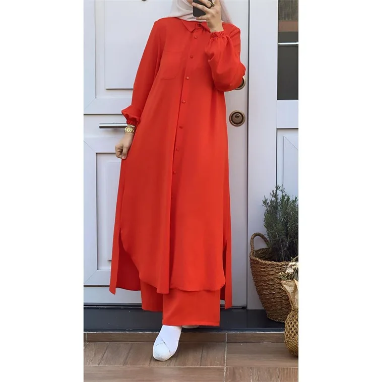 Eid Mubarak Abaya Turkey Hijab Two-piece Muslim Sets Dress Caftan Kaftans Islam Clothing 2 Piece Set Women Loose Wide Leg Pants