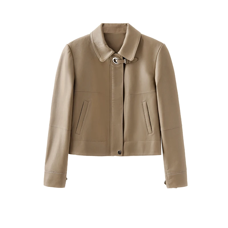 Fashion 2022 New Genuine Leather Jacket Women  Spliced  Autumn/Winter  Streetwear  Zipper  Sheepskin Crop Top Blazer Femme