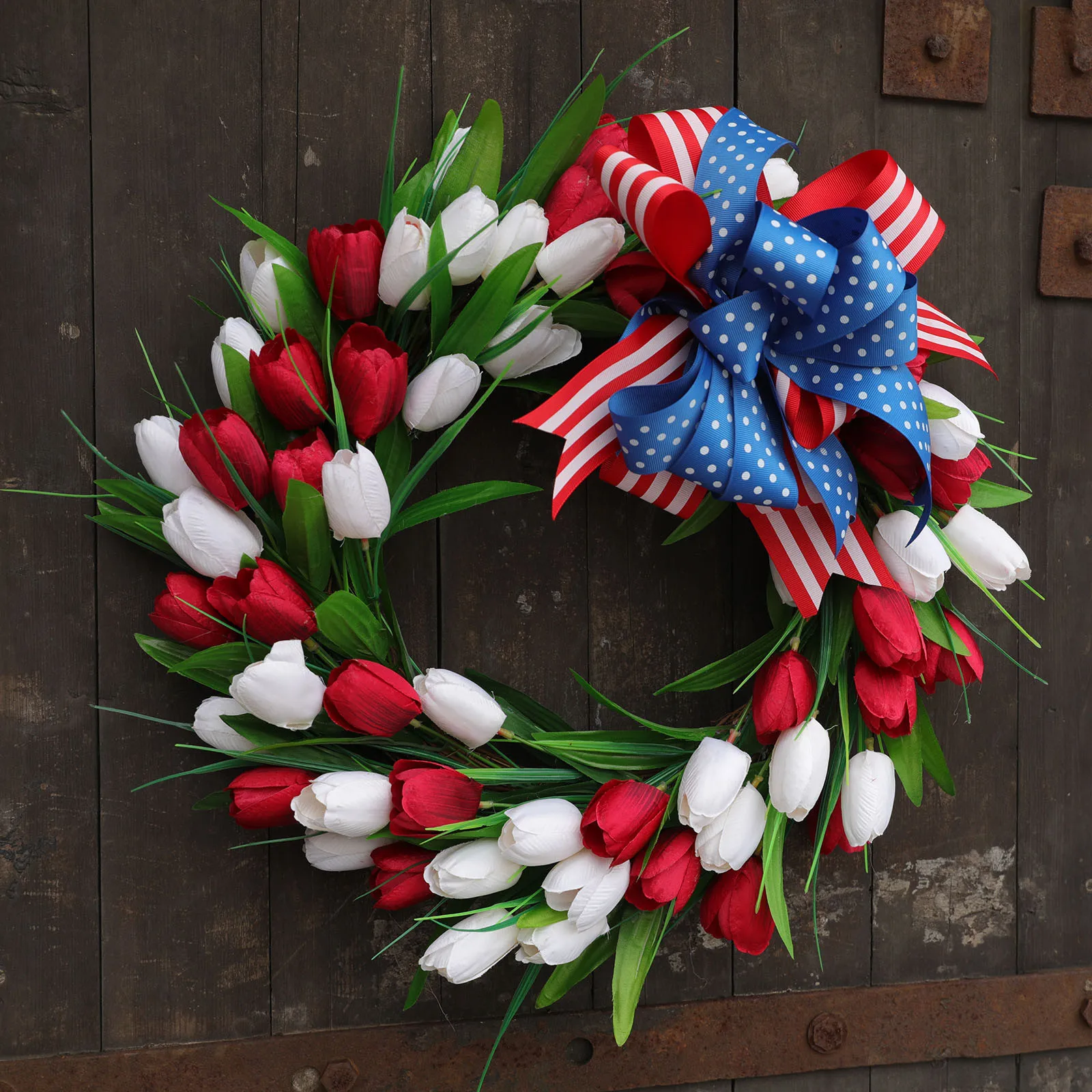 

Independence Day Wreath Simulation Tulip Garland Rattan Ring Ornaments Simulation Long Leaf Wreath