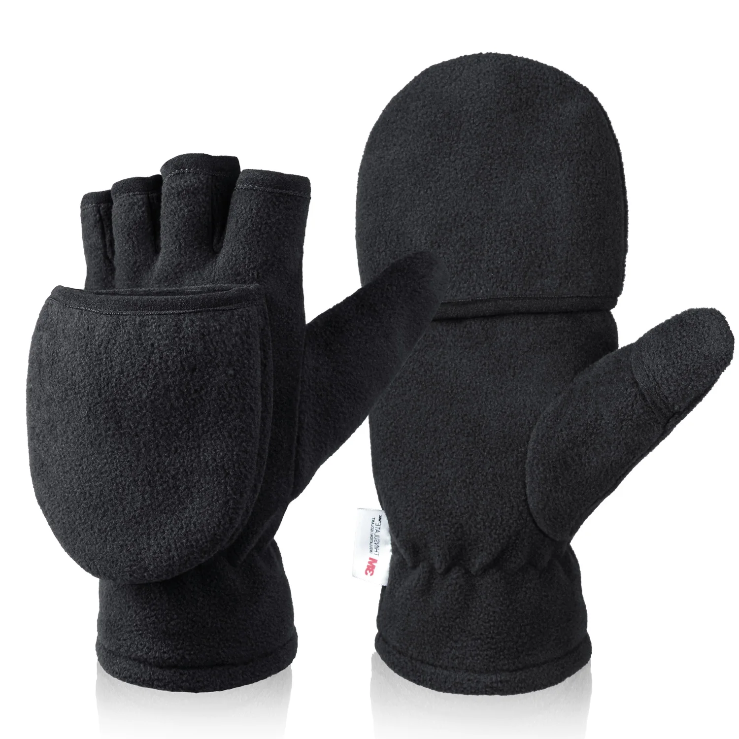 

Winter Gloves Fingerless Convertible Thermal Mittens Windproof Insulated Polar Fleece Warm for Men and Women Black