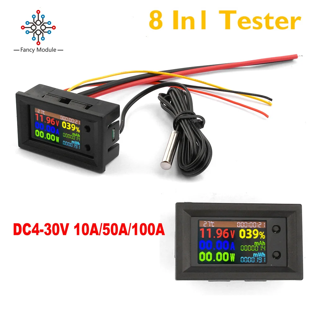 

8 in 1 Voltmeter Ammeter 10A 20A 50A 100A Multifunction Digital IPS Voltage Current Power Energy Battery Electricity Test Meter