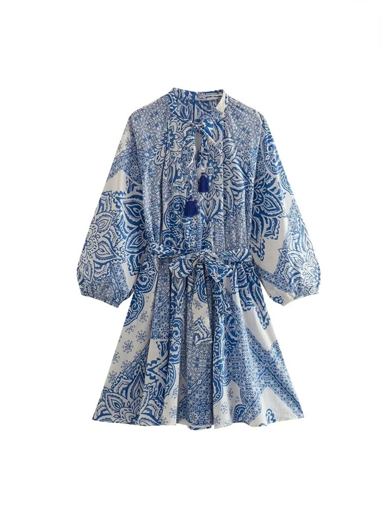 

TRAF Women Fashion with Belt Paisley Print Mini Dress Vintage Long Sleeve Button-up Female Dresses Vestidos Mujer Shirt-Dress
