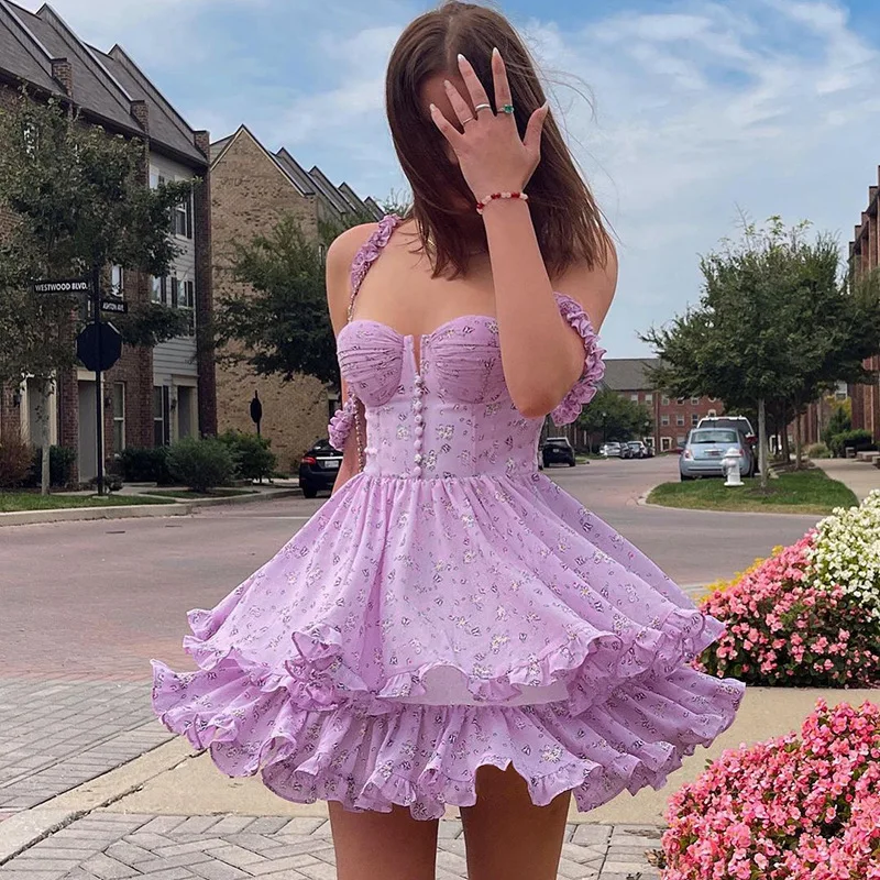 

Women Summer Sexy Corset Purple Floral Print Strap Mini Dress Ruffle Hem Cake Holiday Robe Cute Y2K Streetwear Harajuku Vestidos