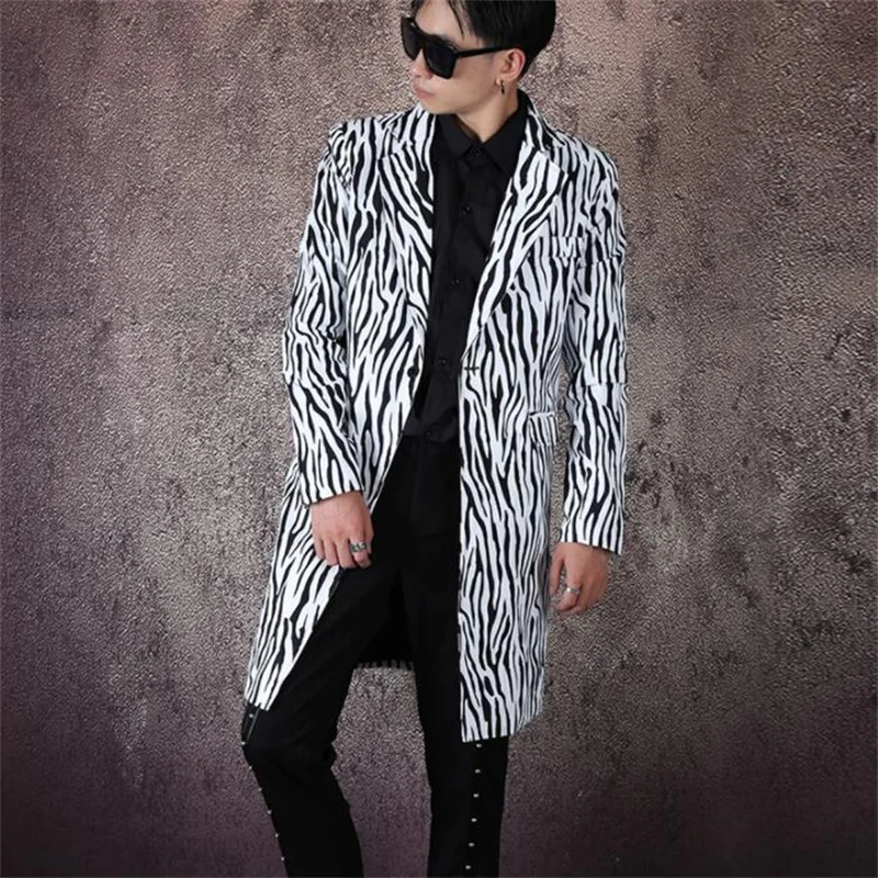 

Zebra Pattern Blazers Men'S Suit Jacket Casual Mid-Length Nightclub Trendy Hair Stylist Coat Costumes Hommes Abiti Da Cerimonia