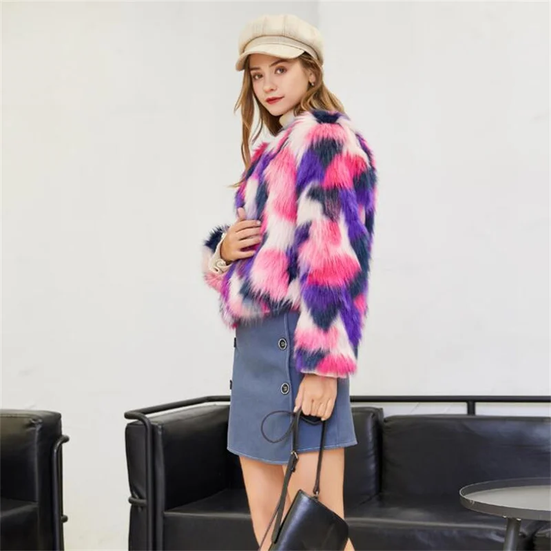 Autumn faux mink leather jacket womens Colorful camouflage fur leather coat women Cardigan jackets jaqueta de couro fashion