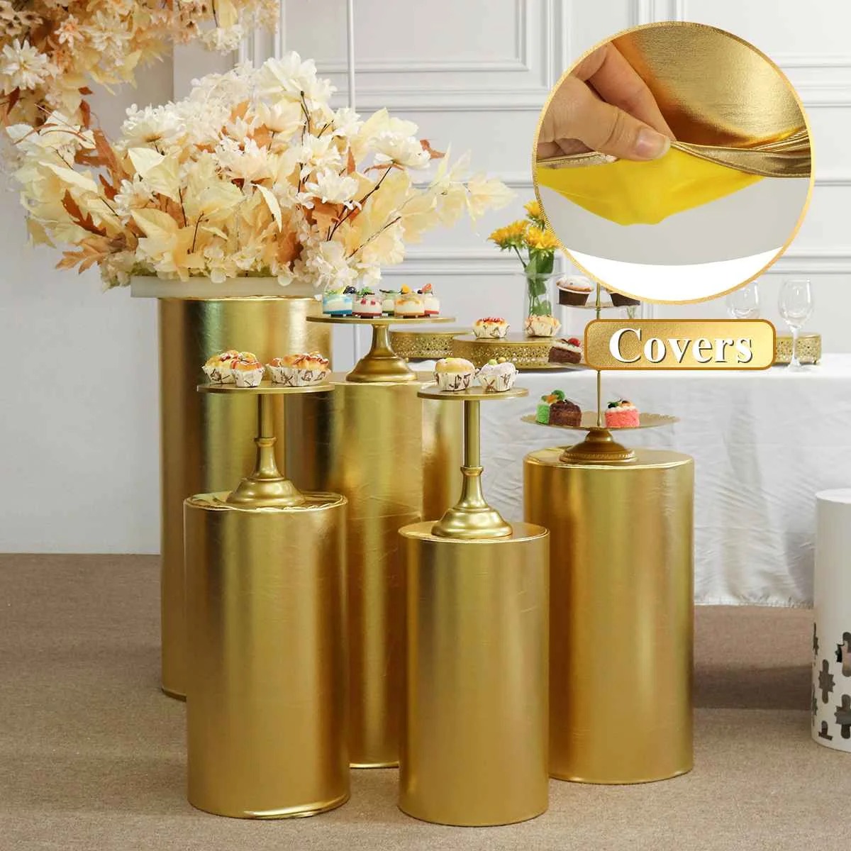 5pcs Gold New products Round Cylinder Cover Pedestal Display Art Decor Plinths Pillars for DIY Wedding Decorations Holiday Party