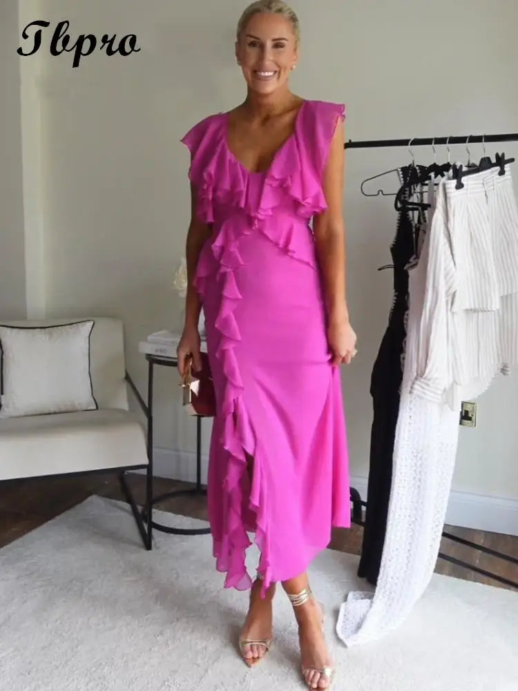 

Sexy Rullfles Split Midi Dress Women Fashion Solid V Neck Sleeveless Robes Vestidos 2023 Summer Female Party Evening Dresses