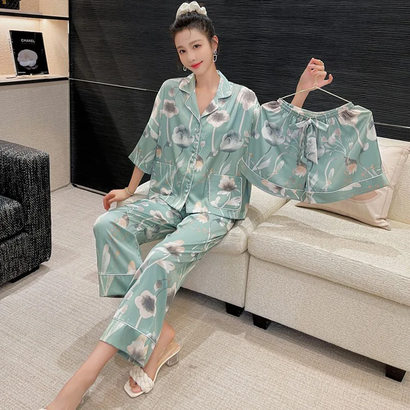 2023 New Ice Silk Pajamas Three Piece Set Women's Summer Thin Short Sleeve Set Spring and Autumn Large Homewear