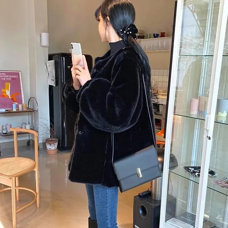 black Korean Style Black Faux Fur Coat Women 2022 Thick Warm Teddy Bear Jackets Woman Streetwear Loose Winter Outwears Ladies
