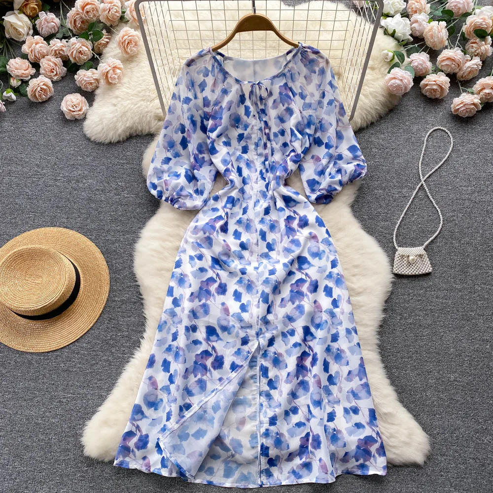 

Women New Fashion French Short Sleeve A-line Dress Summer Femininity 2022 Slim Flower Print Korean Clothes Vestidos F548