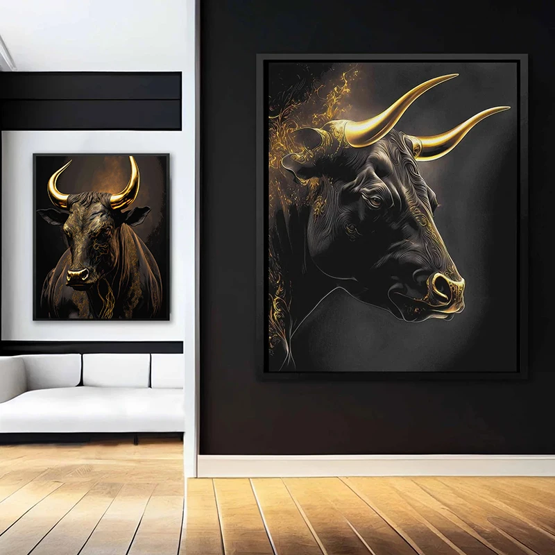 Ретро Черный Золотой Стиль Бык Художественный Плакат Холст Картина Современное
