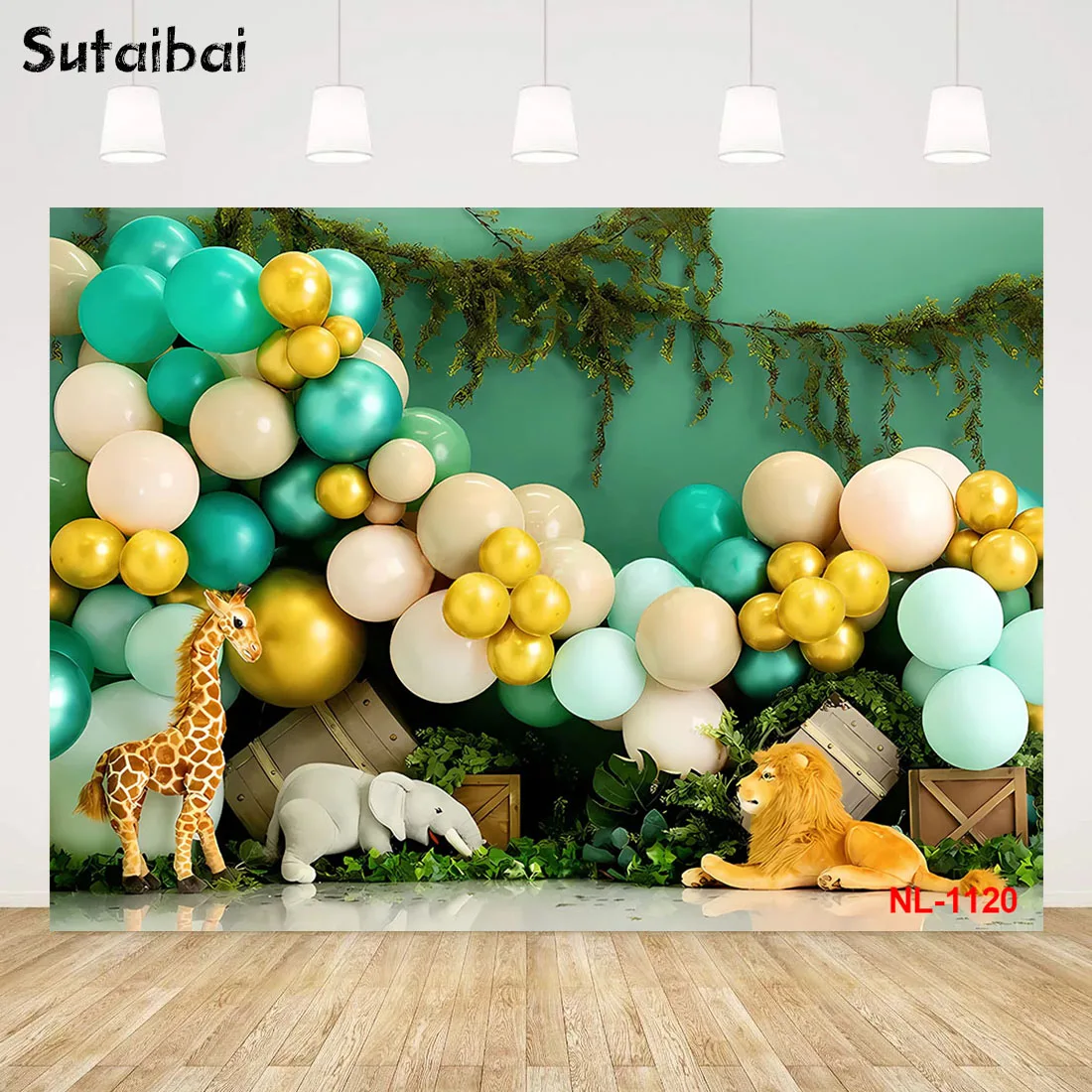 

Jungle Animals Wood Floor Cake Smash Backdrop Floral Kids Birthday Photography Props Brick Wall Lion Monkey Forest Background