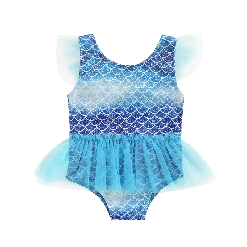 

Summer Little Girls Swimsuit, Toddlers Sweet Style Creative Fish Scale Pattern Mesh Splicing Sleeveless Swimwear