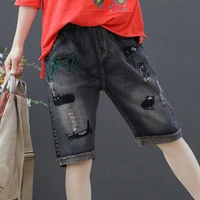 vintage embroidered denim jeans womens summer straight knee legnth pants light washed loose casual short trousers women