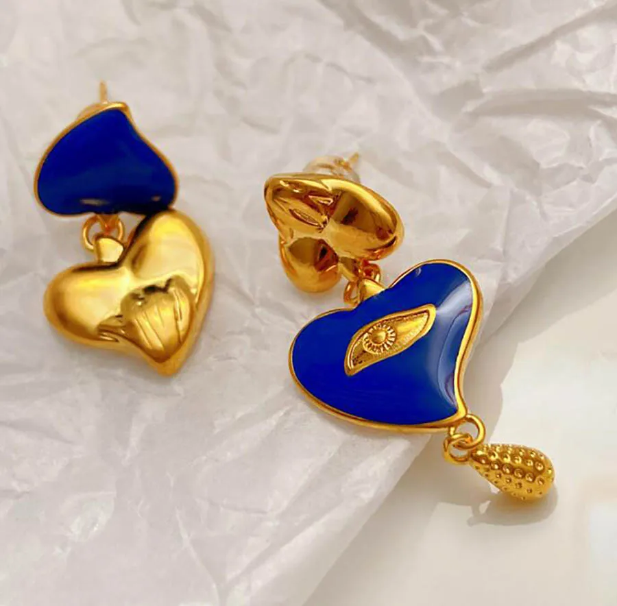

European French retro brass gold-plated blue love enamel earrings women's long heart-shaped angel's eye earrings