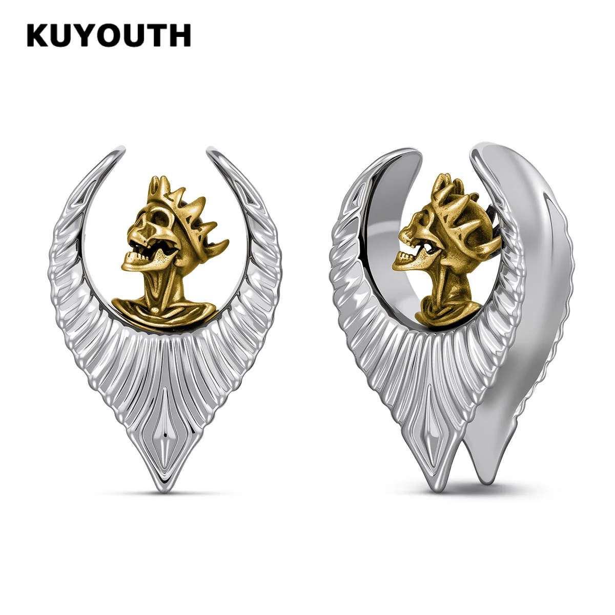Фото KUYOUTH Винтажные латунные тоннели для ушей в стиле «Король Черепов», унисекс, панк-готика, расширители для ушей, пирсинг-украшения №1