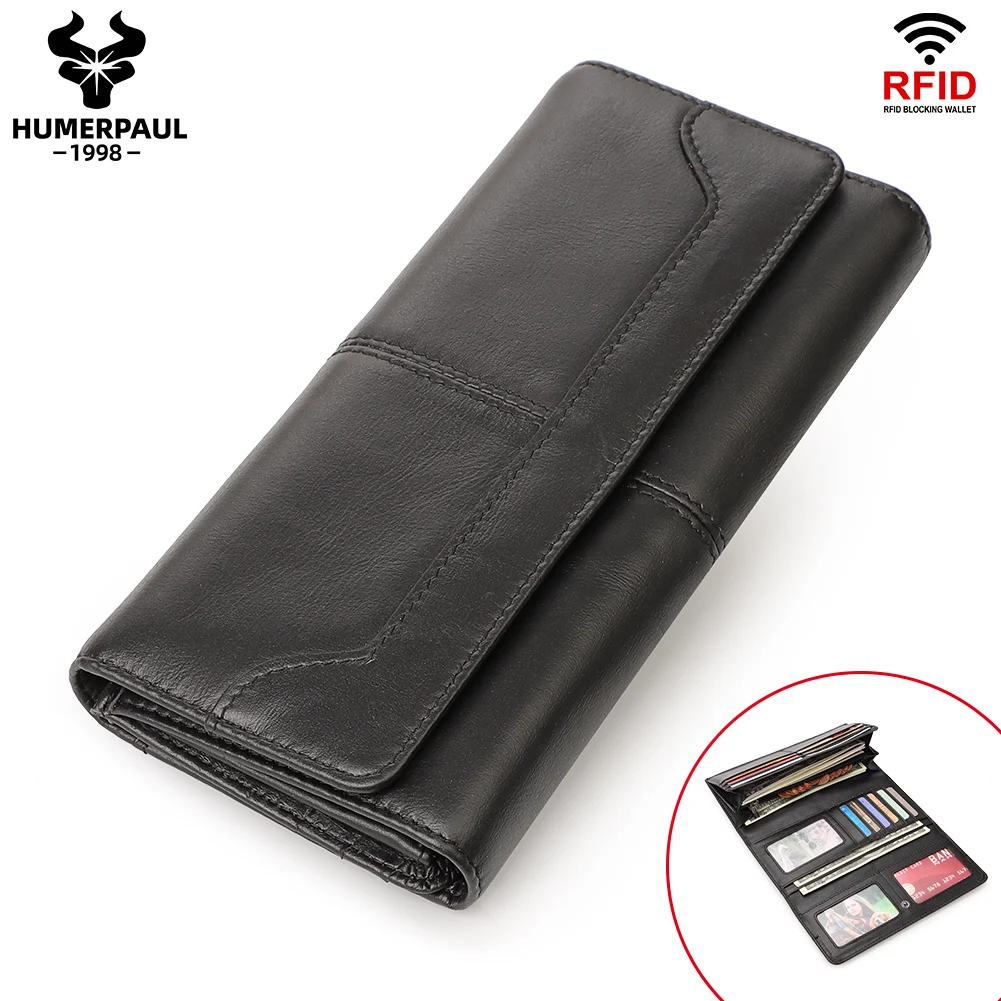 

Long RFID Blocking Card Holder Genuine Leather Men Wallet High Capacity Clutch Bag Fashion Women Purse With Built-in Zip Pocket