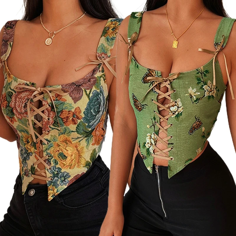 

N58F Vintage Floral Printed Sleeveless Tops Women Corset Cincher Body Shaper Girdle Streetwear Costume Crops for Teenagers