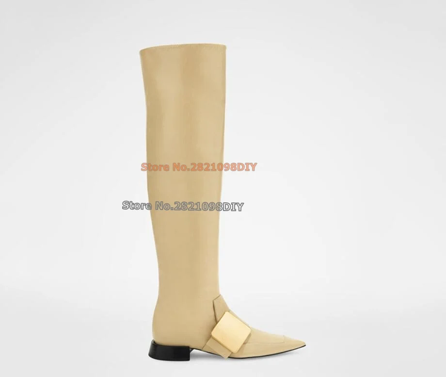 20Mm Heeled Gold Colored Metal Buckle Pointed Toe. Leather Lining Knee High Women Winter Long Boots Plus Size 35-45