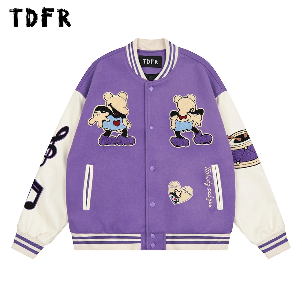 

Cartoon Embroidery Baseball jacket Mens Casual Streetwear Loose Single Breasted Sleeve Paneled PU Jacket Men Outerwear