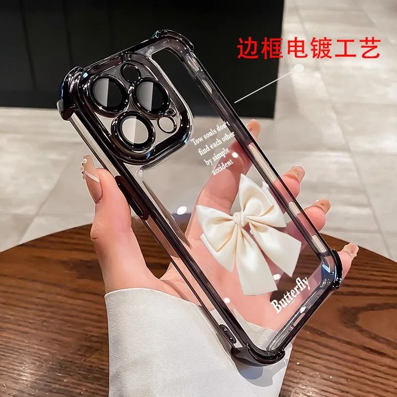 INS Simple White Bow Plating Case For Xiaomi 14 14Pro 13 13Pro Poco F4 F5 X5 X3 4G 5G Shockproof Anti-Fall Armor Cover