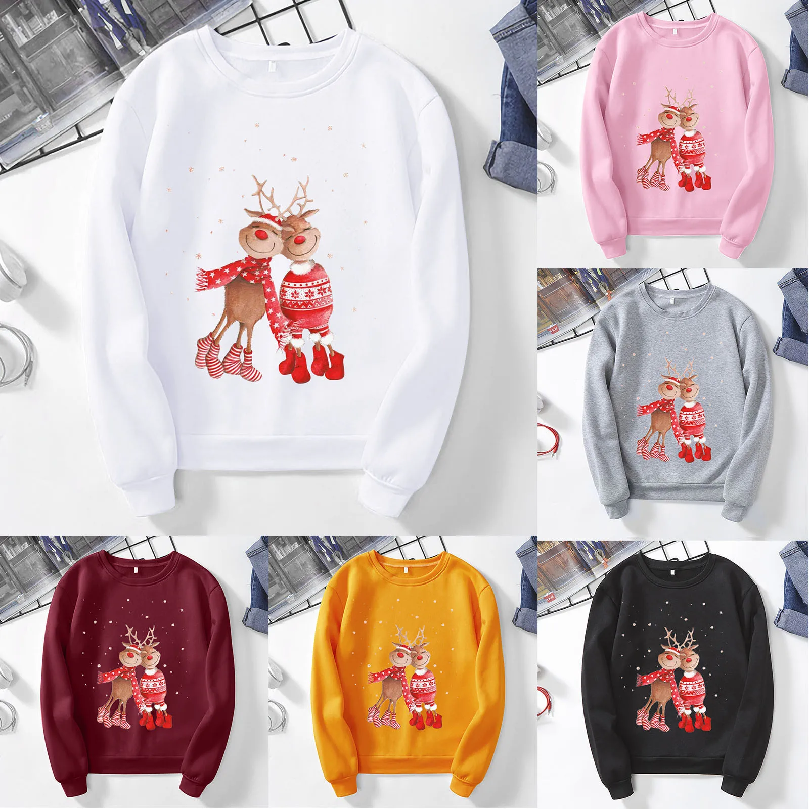 

Women Round Neck Long Sleeve Sweatshirt Christmas Print Pullover Casual Sweatshirt Fuzzy Fleece Pullover Women