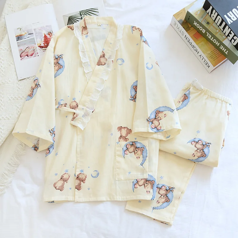 

New Baby Bear Cotton Gauze Kimono Confinement Suit Thin Postpartum Pajamas for Pregnant Women Breastfeeding and Nursing Homewear