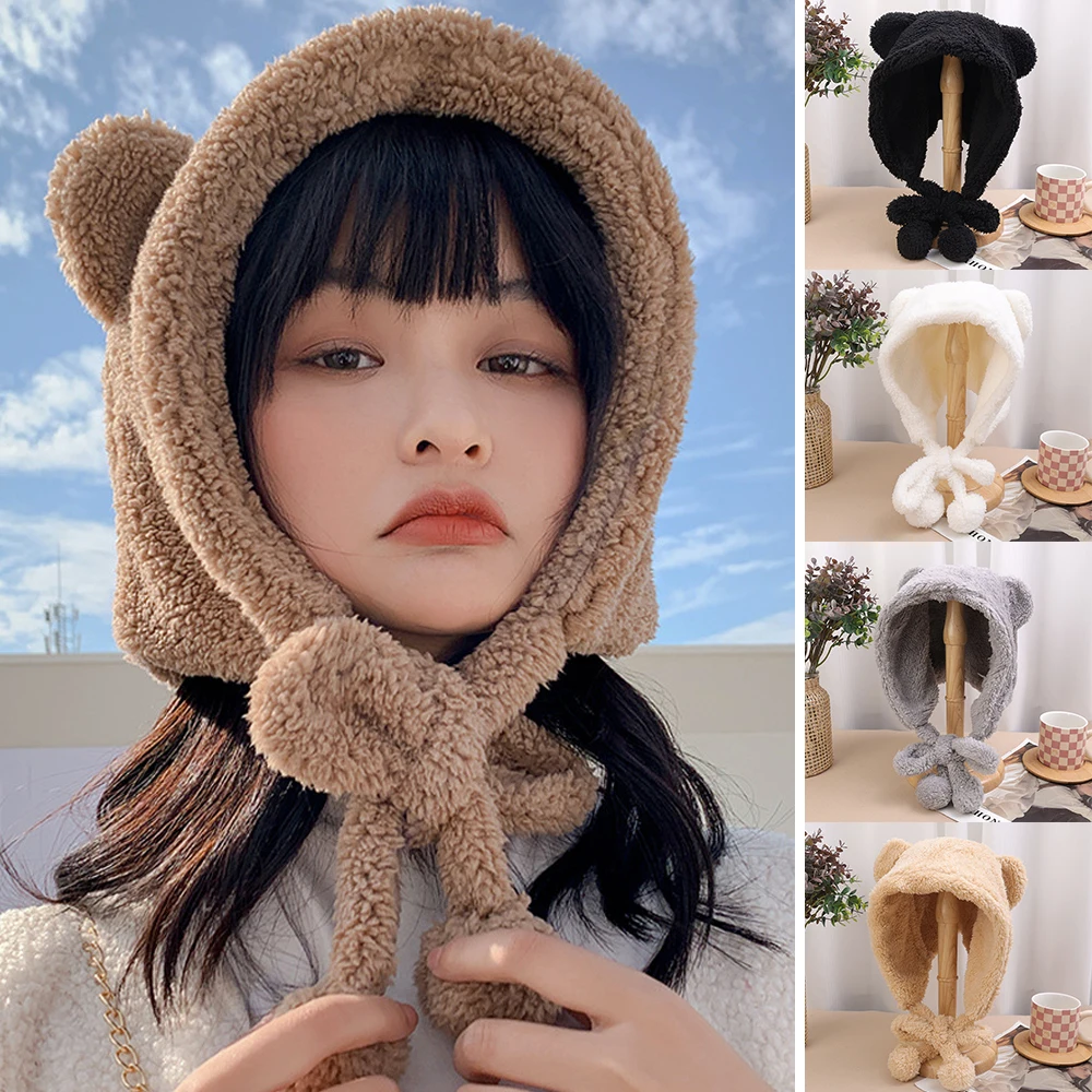 

Cute Bear Ear Beanies Hat Women Earmuffs Cap Fleece Crochet Bonnet Solid Color Hood Beanies Fuzzy Winter Thick Warm Scarf Caps