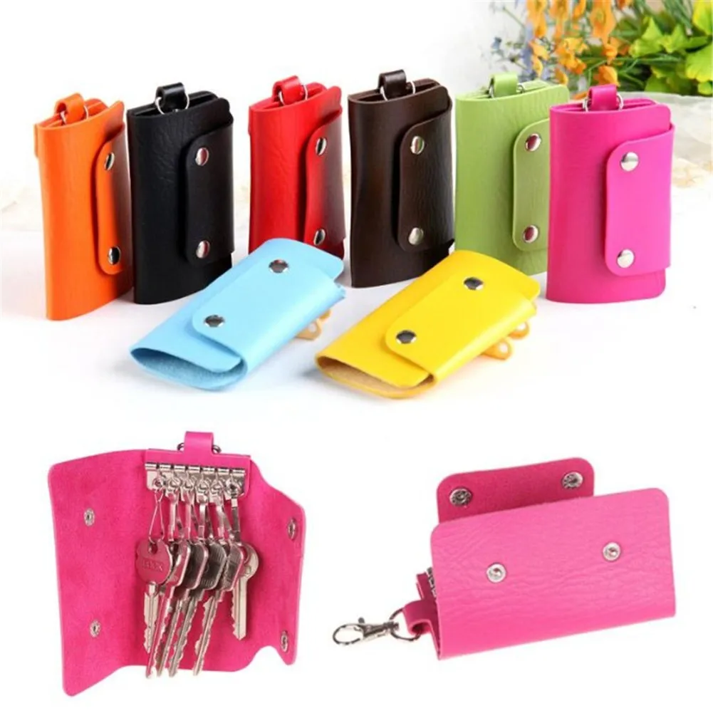 

1 PC Portable Leather Housekeeper Holders Car Keychain Key Holder Bag Case Unisex Wallet Cover Simple Solid Color Storage Bag