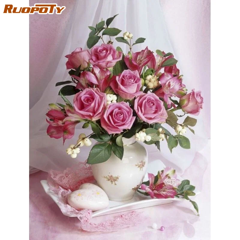 

RUOPOTY Oil Paint By Numbers Rose Flower Handpainted Kits DIY Frame Picture Drawing Canvas Painting Wall Decor Adults Crafts