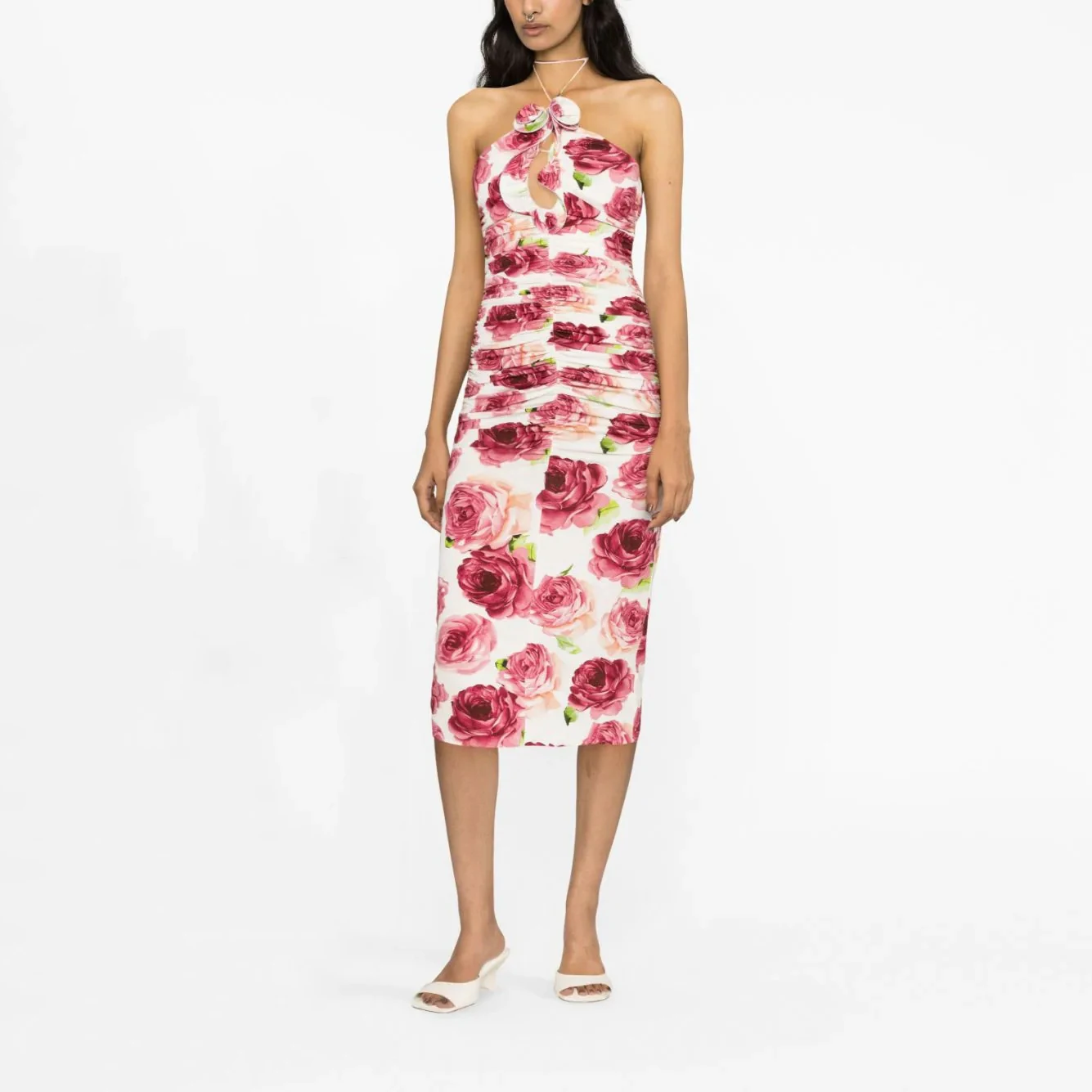 

Романтическое Привлекательное платье без рукавов с принтом роз, с открытой спиной, с трехмерными цветами, с подвесным воротником, на шнуровке, деловые платья