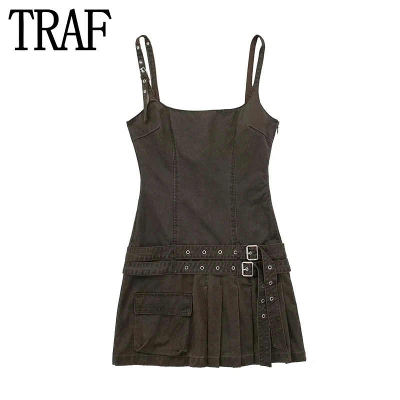 

TRAF Waxed Slip Mini Dress Woman Pleated Y2k Vintage Sleeveless Dress Summer 2023 Buckle Backless Sexy Short Dresses For Women