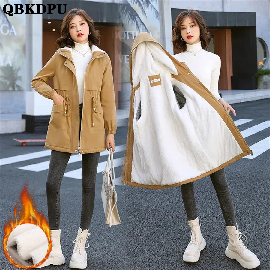 Winter Hooded Fleece Lined Thicken Parkas Women Mid-length Coat Plush Warm Windbreaker Jackets Add Velvet Outwear Snow Overcoat