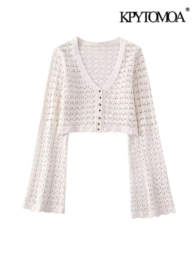 

KPYTOMOA Women Fashion Front Buttons Open-knit Cropped Cardigan Sweater Vintage V Neck Long Sleeve Female Outerwear Chic Tops