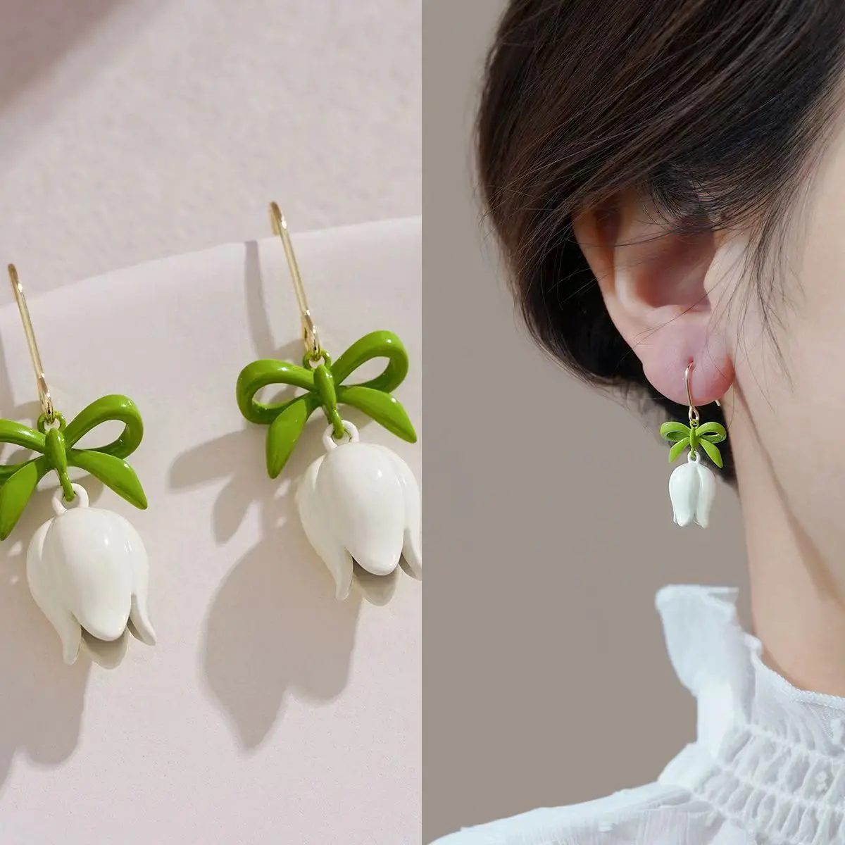 

Korean Fashion Lily of The Valley Green Earrings For Women Elegant Pink Tulip Flower Summer Earring Jewelry Accessories