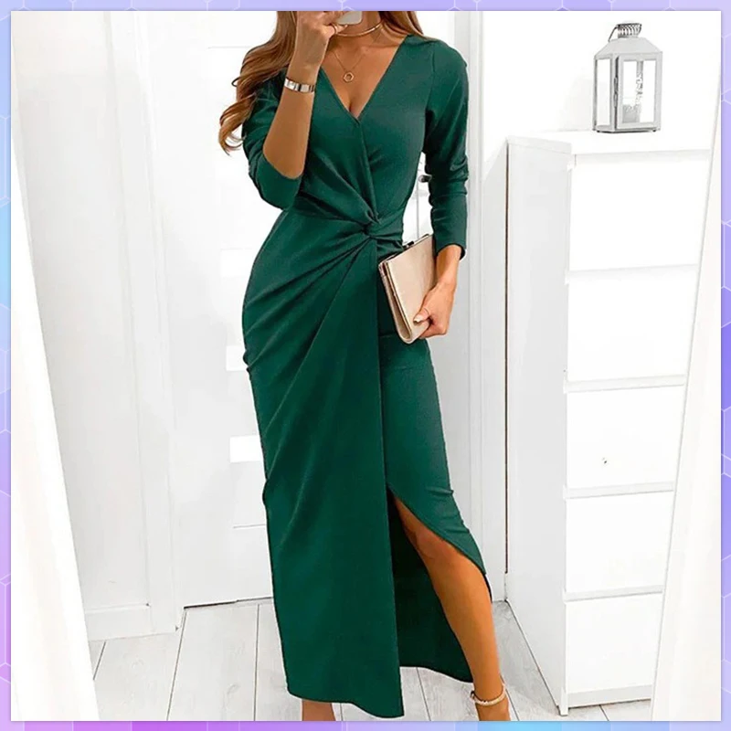 

Spring Autumn Elegant Dresses For Women 2022 V- Neck Side Slit Long Sleeves Beach Party Maxi Dress Ladies Robe Femme Vestidos