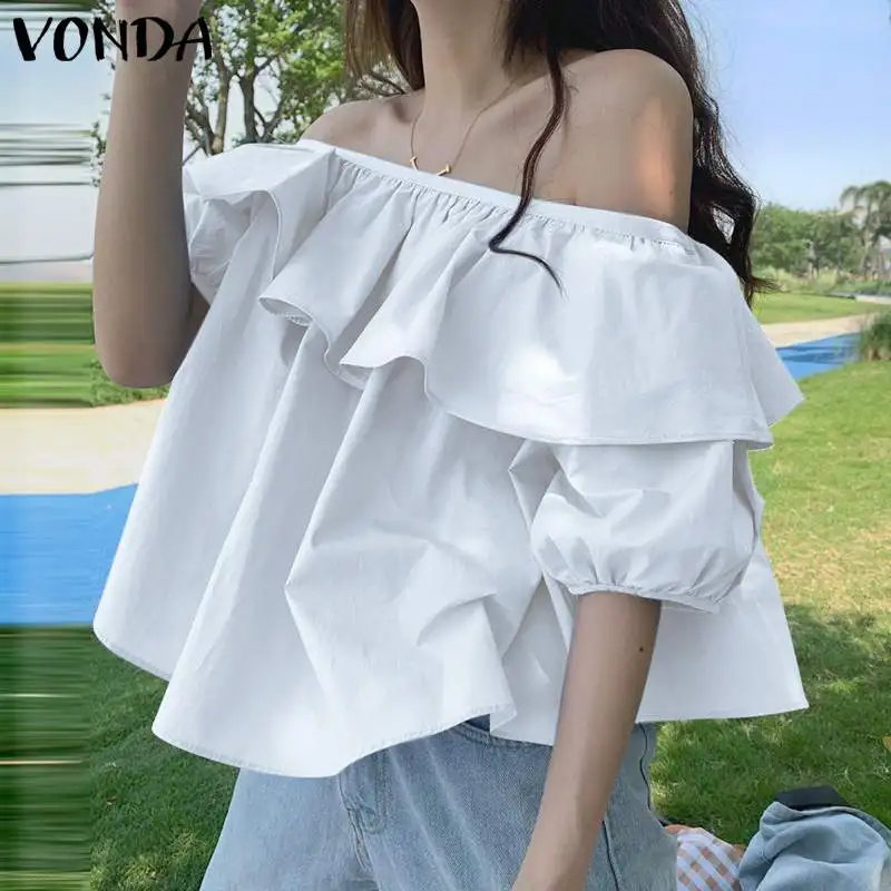 

Half Sleeve Ruffled Tops VONDA 2022 Women Summer Off Shoulder Pleated Tops Blusas Femininas Solid Blouses Oversized Baggy Shirts