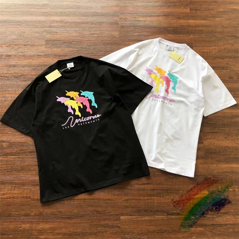 

2023ss Vetements T Shirt Men Women Best Quality Oversized VTM Tee Top Dolphin Print Black White Short Sleeve