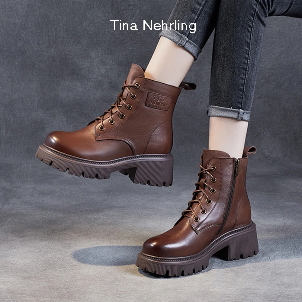 

TinaNehrling Martin Boots Women's English Style Short Boots Spring Autumn New Genuine Leather High soled Vintage Winter Boots