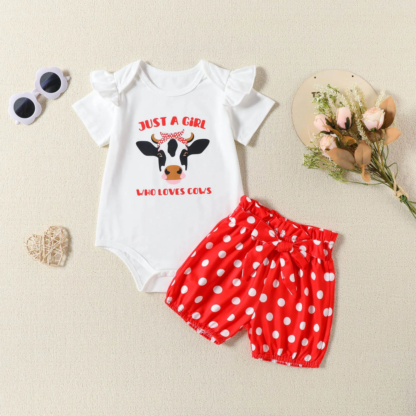 

0-24 Months Newborn Baby Girl Cute Dairy Cow Prints Summer Outfits Short Sleeve Bodysuit+Polka Dot Shorts Toddler Girls Clothing