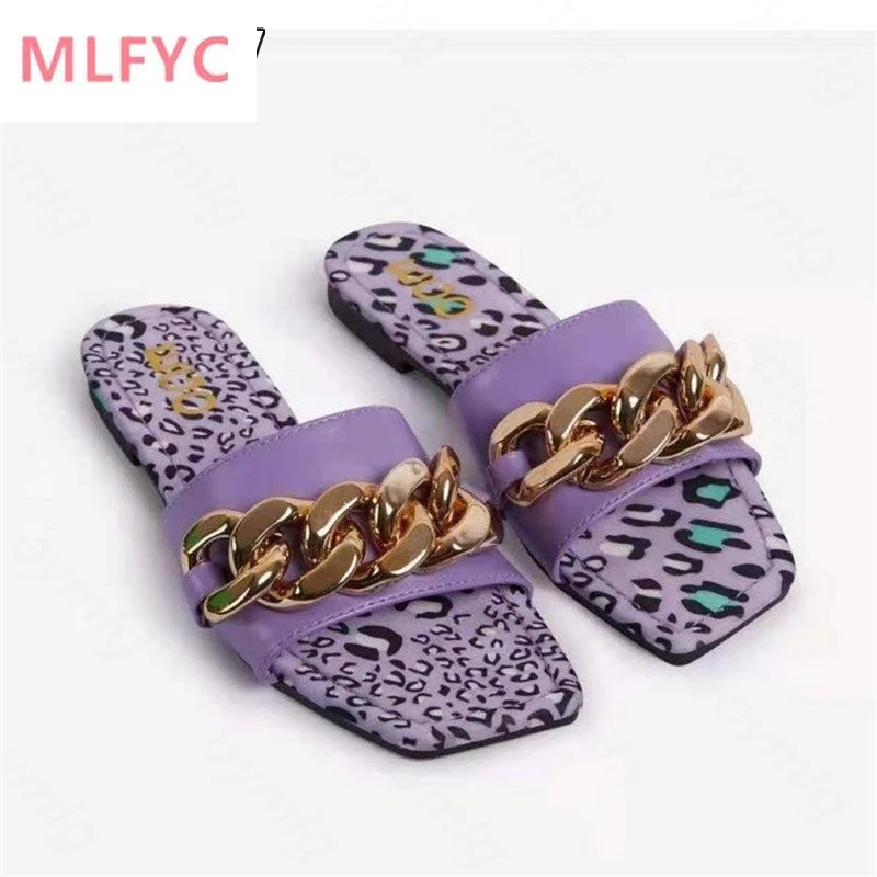 

2022 summer new outer wear large size square head metal chain buckle one-word drag flat bottom sandals women's manufacturers