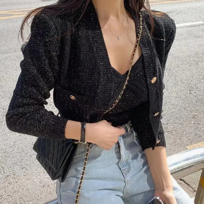 

2022 Fall Sexy Camisole Top + Cropped V Neck Black Cardigan Twist Knitted Coat Korean Chic Two Piece Sets Retro Winter Clothes