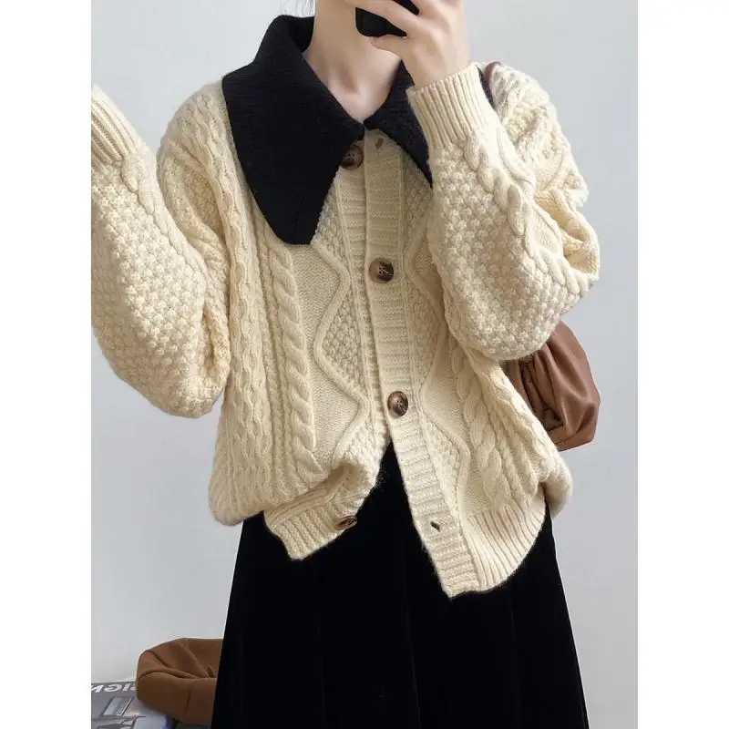 

Vintage Doll Collar Women's Sweater 2022 Splice Long Sleeve Knitted Cardigan Single Breasting Autumn Winter Outwear Overcoat